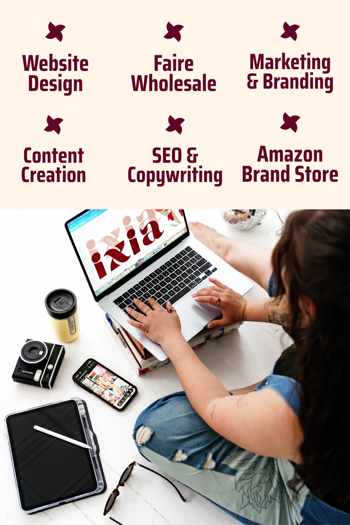 a list of bulleted services: Website design, Faire Wholesale, Amazon Brand Store, Content Creation, Marketing and Branding, SEO and Copywriting. Explore services.